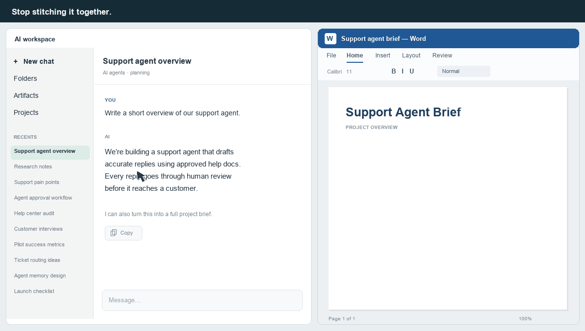 Copying an AI answer from chat into a blank document by hand