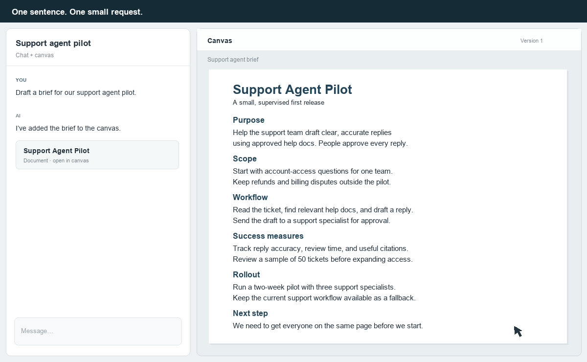 An AI-drafted document open beside the chat that wrote it
